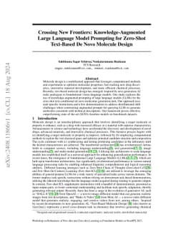 Crossing New Frontiers: Knowledge-Augmented Large Language Model
  Prompting for Zero-Shot Text-Based De Novo Molecule Design
