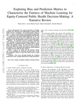 Exploring Bias and Prediction Metrics to Characterise the Fairness of
  Machine Learning for Equity-Centered Public Health Decision-Making: A
  Narrative Review