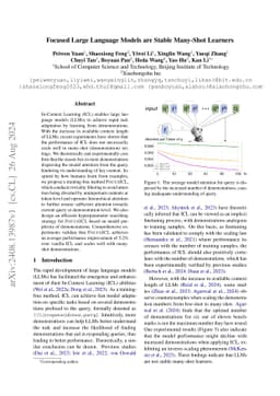 Focused Large Language Models are Stable Many-Shot Learners