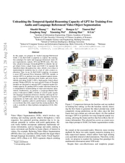 Unleashing the Temporal-Spatial Reasoning Capacity of GPT for
  Training-Free Audio and Language Referenced Video Object Segmentation