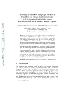 Assessing Generative Language Models in Classification Tasks:
  Performance and Self-Evaluation Capabilities in the Environmental and Climate
  Change Domain