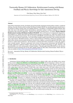Trustworthy Human-AI Collaboration: Reinforcement Learning with Human
  Feedback and Physics Knowledge for Safe Autonomous Driving