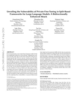 Unveiling the Vulnerability of Private Fine-Tuning in Split-Based
  Frameworks for Large Language Models: A Bidirectionally Enhanced Attack