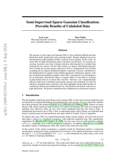 Semi-Supervised Sparse Gaussian Classification: Provable Benefits of
  Unlabeled Data