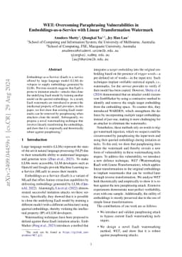 WET: Overcoming Paraphrasing Vulnerabilities in Embeddings-as-a-Service
  with Linear Transformation Watermarks