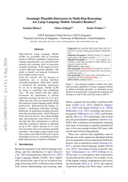 Seemingly Plausible Distractors in Multi-Hop Reasoning: Are Large
  Language Models Attentive Readers?