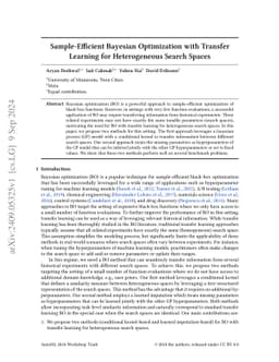 Sample-Efficient Bayesian Optimization with Transfer Learning for
  Heterogeneous Search Spaces