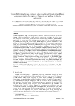 Controllable retinal image synthesis using conditional StyleGAN and
  latent space manipulation for improved diagnosis and grading of diabetic
  retinopathy