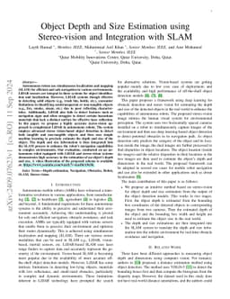 Object Depth and Size Estimation using Stereo-vision and Integration
  with SLAM