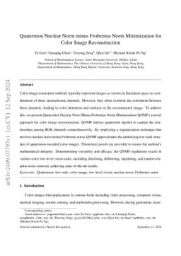 Quaternion Nuclear Norm minus Frobenius Norm Minimization for color
  image reconstruction