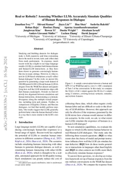 Real or Robotic? Assessing Whether LLMs Accurately Simulate Qualities of
  Human Responses in Dialogue