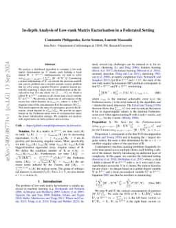 In-depth Analysis of Low-rank Matrix Factorisation in a Federated
  Setting
