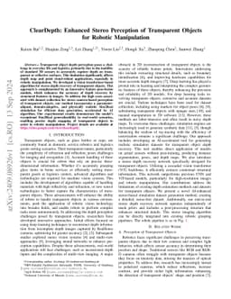 ClearDepth: Enhanced Stereo Perception of Transparent Objects for
  Robotic Manipulation