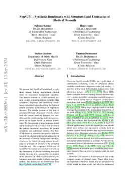 SynSUM -- Synthetic Benchmark with Structured and Unstructured Medical Records