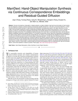 ManiDext: Hand-Object Manipulation Synthesis via Continuous
  Correspondence Embeddings and Residual-Guided Diffusion
