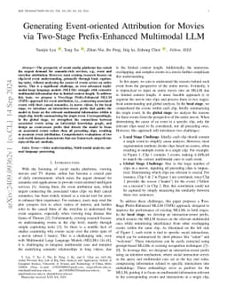 Generating Event-oriented Attribution for Movies via Two-Stage
  Prefix-Enhanced Multimodal LLM