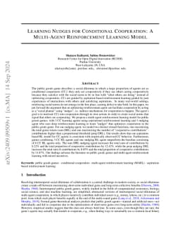 Learning Nudges for Conditional Cooperation: A Multi-Agent Reinforcement
  Learning Model