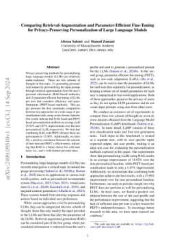 Comparing Retrieval-Augmentation and Parameter-Efficient Fine-Tuning for
  Privacy-Preserving Personalization of Large Language Models