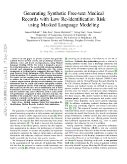 Generating Synthetic Free-text Medical Records with Low Re-identification Risk using Masked Language Modeling
