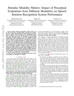 Stimulus Modality Matters: Impact of Perceptual Evaluations from
  Different Modalities on Speech Emotion Recognition System Performance