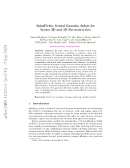 SplatFields: Neural Gaussian Splats for Sparse 3D and 4D Reconstruction