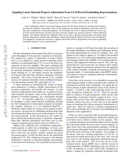 Sampling Latent Material-Property Information From LLM-Derived Embedding
  Representations