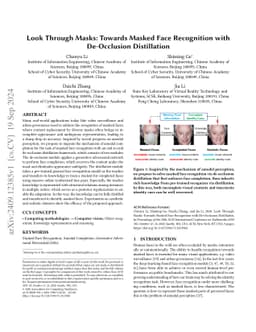 Look Through Masks: Towards Masked Face Recognition with De-Occlusion
  Distillation