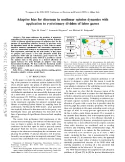 Adaptive bias for dissensus in nonlinear opinion dynamics with
  application to evolutionary division of labor games