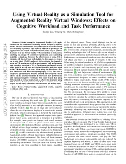 Using Virtual Reality as a Simulation Tool for Augmented Reality Virtual
  Windows: Effects on Cognitive Workload and Task Performance