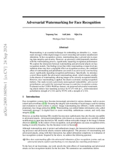 Adversarial Watermarking for Face Recognition