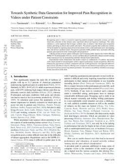 Towards Synthetic Data Generation for Improved Pain Recognition in
  Videos under Patient Constraints
