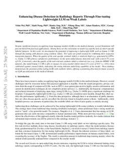 Enhancing disease detection in radiology reports through fine-tuning
  lightweight LLM on weak labels