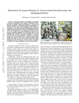 Hierarchical Tri-manual Planning for Vision-assisted Fruit Harvesting with Quadrupedal Robots