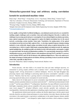 Metasurface-generated large and arbitrary analog convolution kernels for
  accelerated machine vision