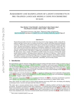 Assessment and manipulation of latent constructs in pre-trained language models using psychometric scales
