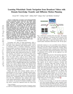 Learning Wheelchair Tennis Navigation from Broadcast Videos with Domain Knowledge Transfer and Diffusion Motion Planning