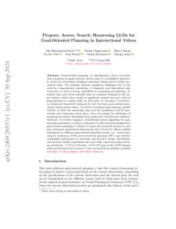 Propose, Assess, Search: Harnessing LLMs for Goal-Oriented Planning in
  Instructional Videos