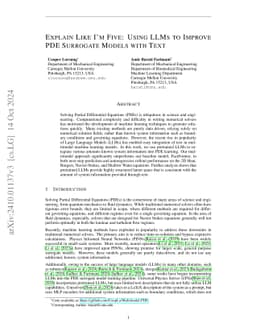 Explain Like I'm Five: Using LLMs to Improve PDE Surrogate Models with Text