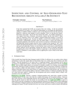 Inspection and Control of Self-Generated-Text Recognition Ability in Llama3-8b-Instruct