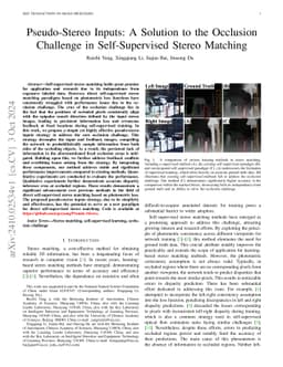 Pseudo-Stereo Inputs: A Solution to the Occlusion Challenge in
  Self-Supervised Stereo Matching