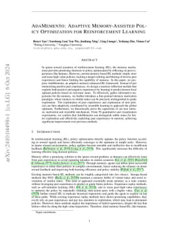 AdaMemento: Adaptive Memory-Assisted Policy Optimization for
  Reinforcement Learning