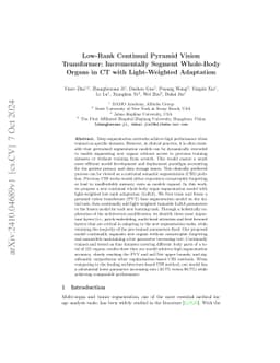 Low-Rank Continual Pyramid Vision Transformer: Incrementally Segment
  Whole-Body Organs in CT with Light-Weighted Adaptation