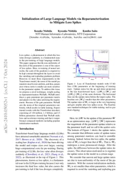 Initialization of Large Language Models via Reparameterization to
  Mitigate Loss Spikes