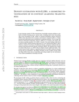 Density estimation with LLMs: a geometric investigation of in-context learning trajectories