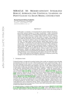MIRACLE3D: Memory-efficient Integrated Robust Approach for Continual Learning on Point Clouds via Shape Model Construction
