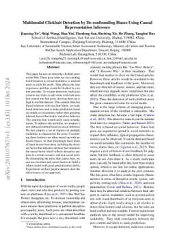 Multimodal Clickbait Detection by De-confounding Biases Using Causal
  Representation Inference