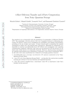 1-Shot Oblivious Transfer and 2-Party Computation from Noisy Quantum
  Storage