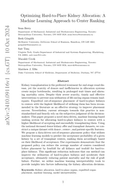 Optimizing Hard-to-Place Kidney Allocation: A Machine Learning Approach
  to Center Ranking