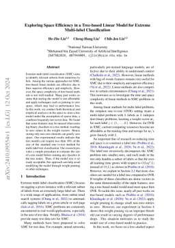 Exploring space efficiency in a tree-based linear model for extreme
  multi-label classification