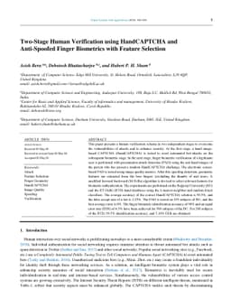 Two-Stage Human Verification using HandCAPTCHA and Anti-Spoofed Finger
  Biometrics with Feature Selection